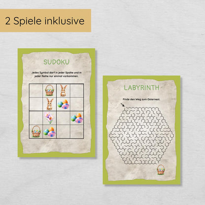 Ostern Indoor Schnitzeljagd mit 30 Hinweisen, Urkunde, 2 Spielen & 2 Ausmalbildern