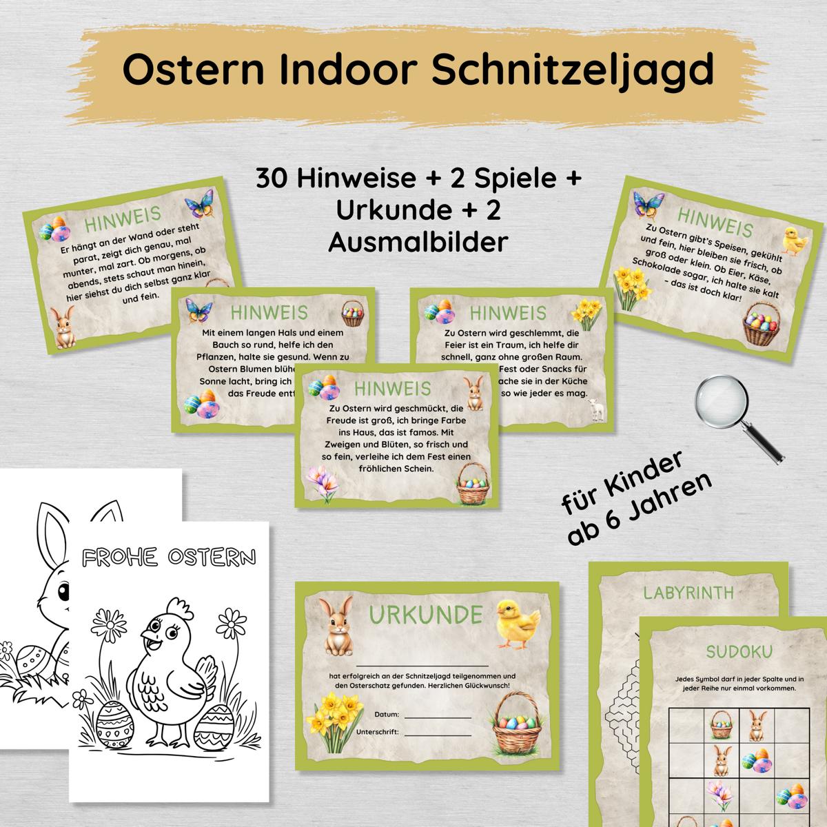 Ostern Indoor Schnitzeljagd mit 30 Hinweisen, Urkunde, 2 Spielen & 2 Ausmalbildern