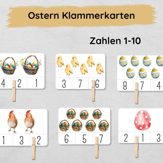 Ostern Klammerkarten Zahlen 1-10 für Kinder