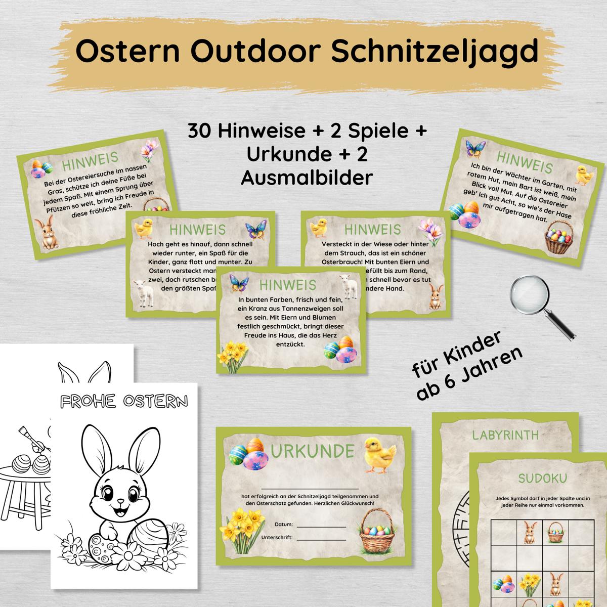 Ostern Outdoor Schnitzeljagd mit 30 Hinweisen, Urkunde, 2 Spielen & 2 Ausmalbildern