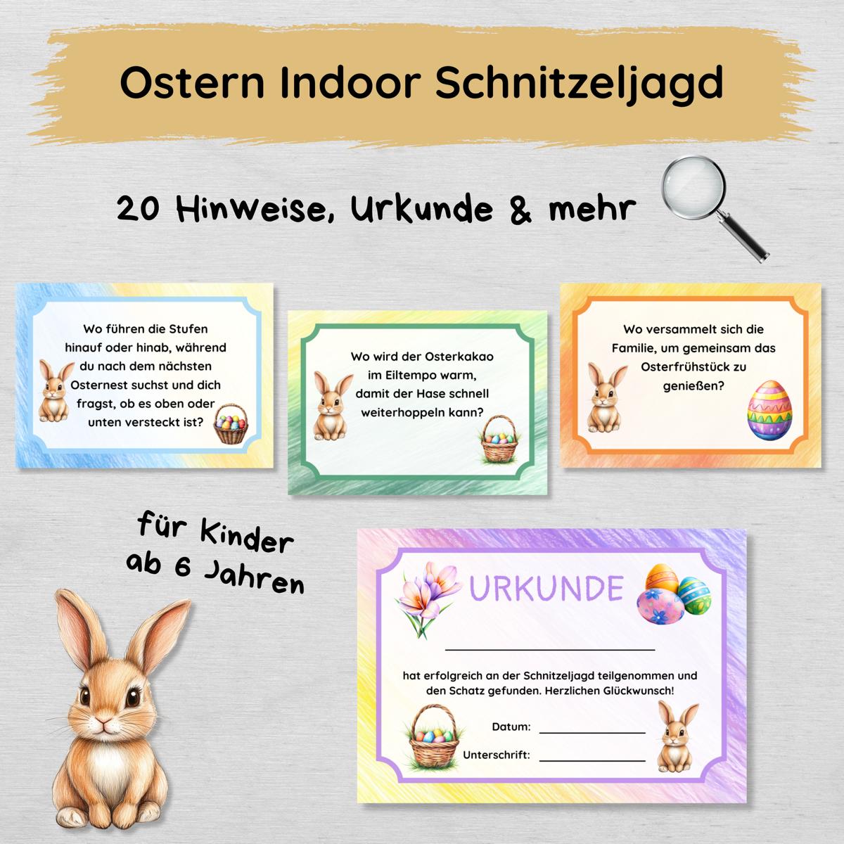 Ostern Indoor Schnitzeljagd - 20 einfache Hinweise, Urkunde & mehr