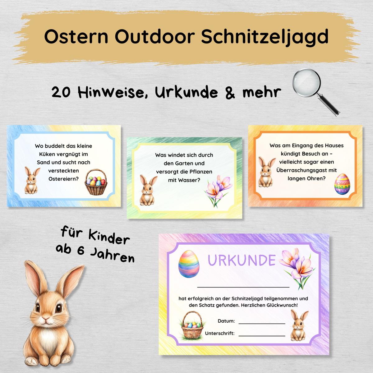 Ostern Outdoor Schnitzeljagd - 20 einfache Hinweise, Urkunde & mehr