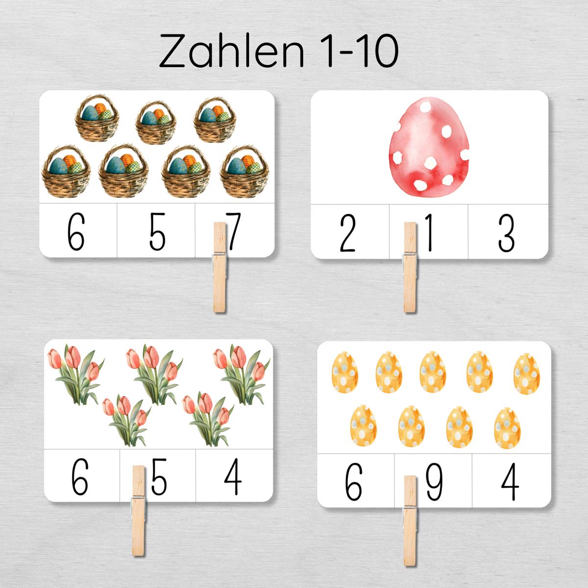 Ostern Klammerkarten Zahlen 1-10 für Kinder