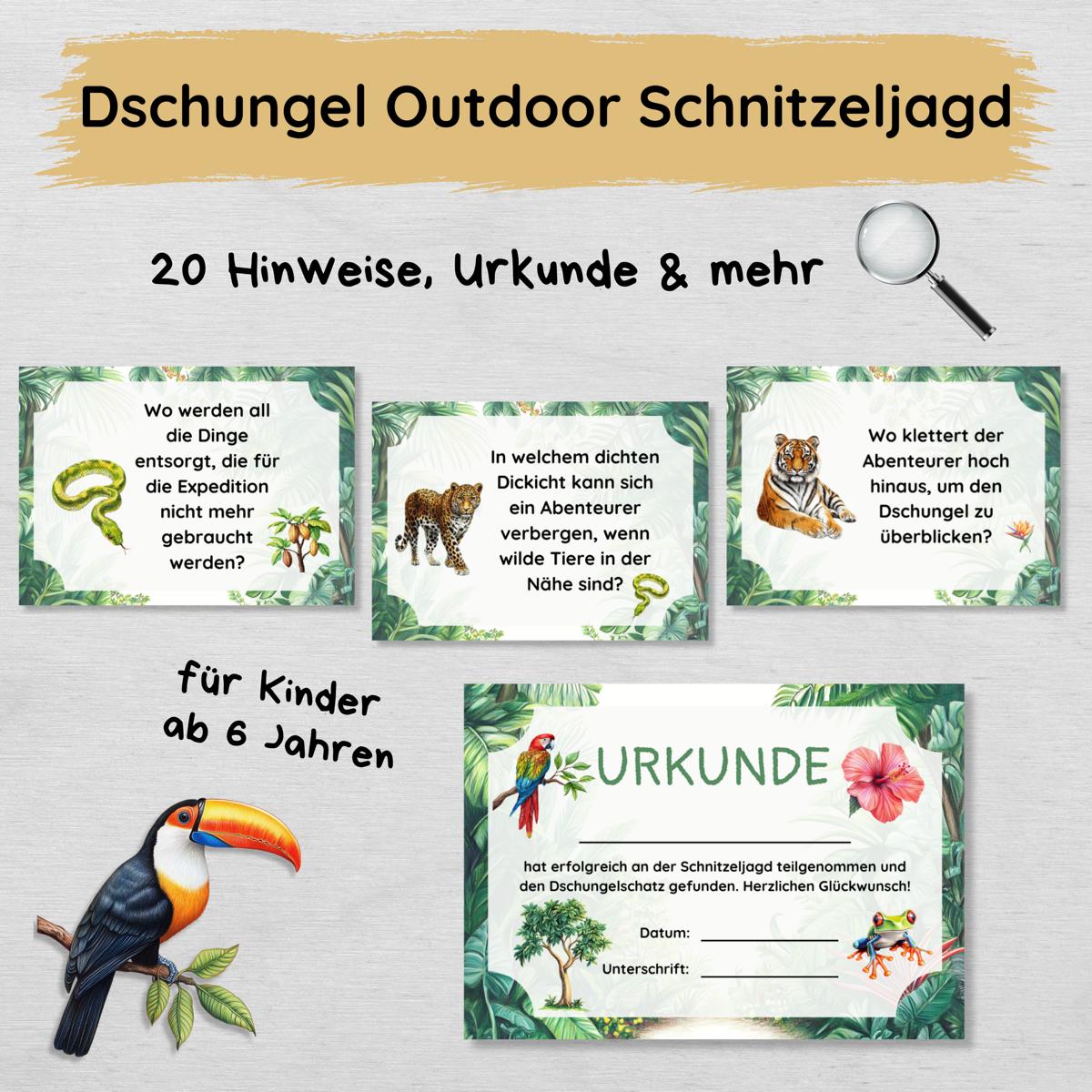 Dschungel Outdoor Schnitzeljagd - 20 einfache Hinweise, Urkunde & mehr