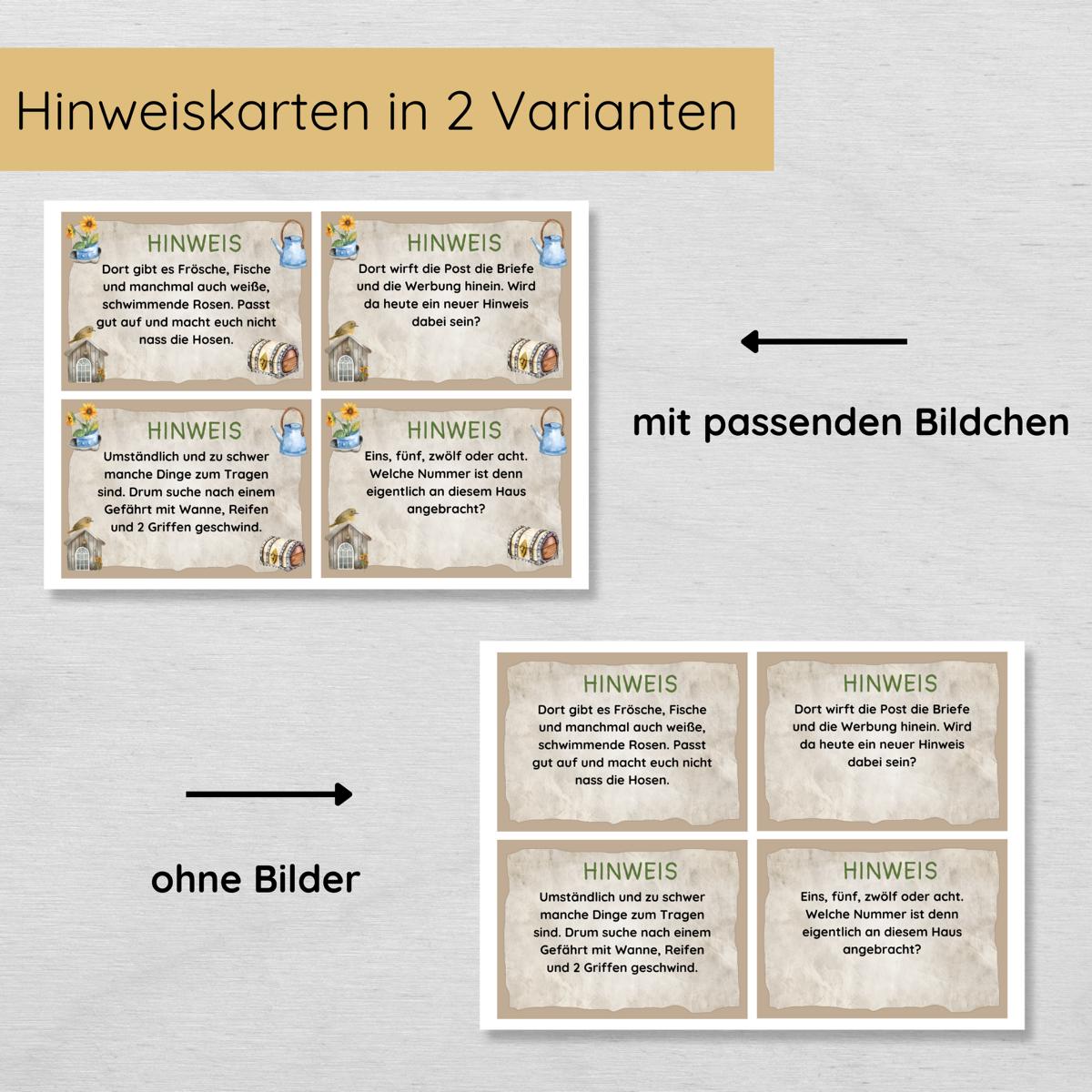 Outdoor Schnitzeljagd mit 15 Hinweisen, Urkunde und 3 Spielen