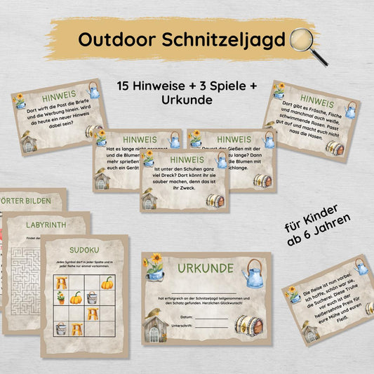 Outdoor Schnitzeljagd mit 15 Hinweisen, Urkunde und 3 Spielen