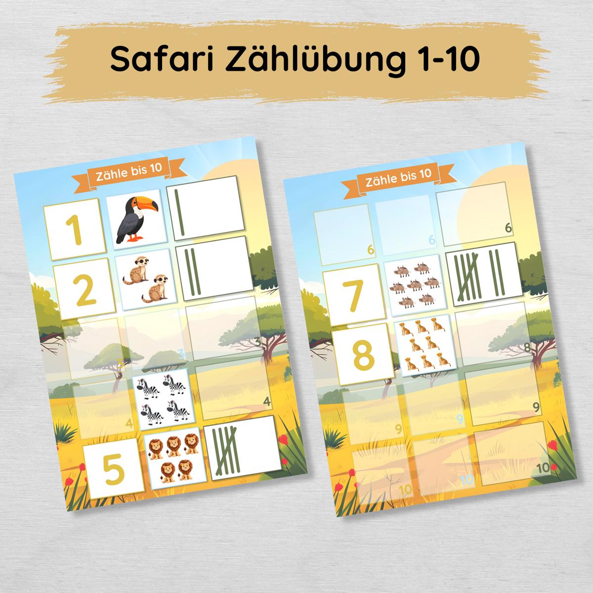 Safari Zählübung Zahlen 1 bis 10 für Kinder, hochkant
