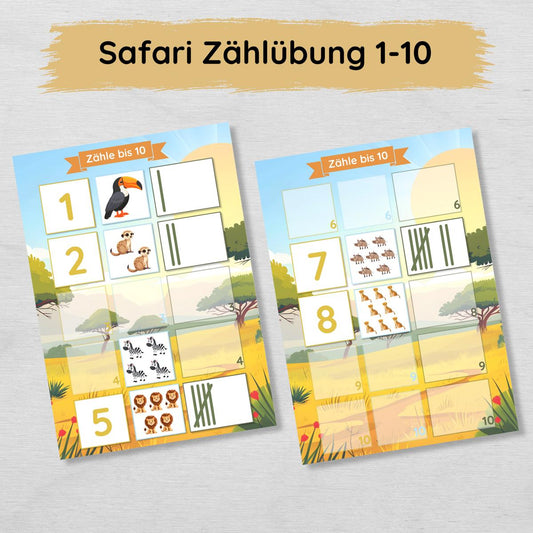 Safari Zählübung Zahlen 1 bis 10 für Kinder, hochkant