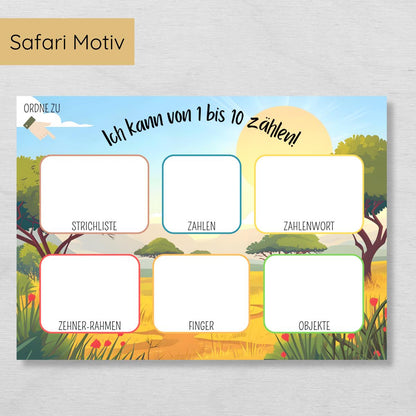 Safari Zählübung Zahlen 1 bis 10 für Kinder, quer