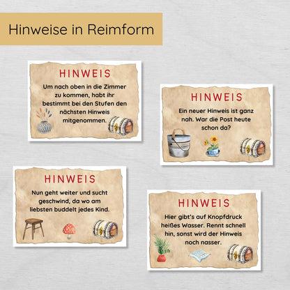 Indoor & Outdoor Schnitzeljagd mit 30 Hinweisen in Reimform