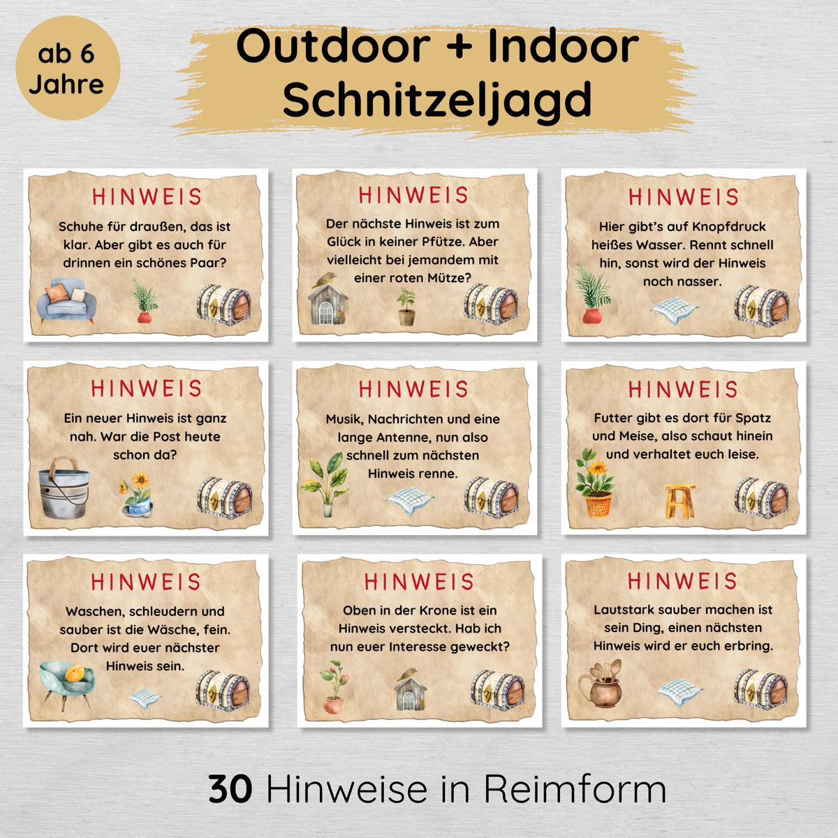 Indoor & Outdoor Schnitzeljagd mit 30 Hinweisen in Reimform
