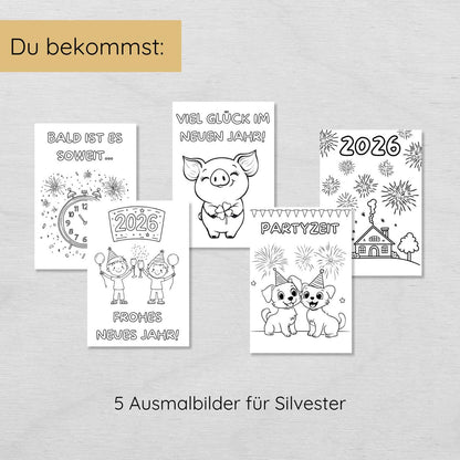 Silvester Countdown Tüten Set für Kinder mit 11 Beschäftigungsideen, Countdown-Uhren & mehr