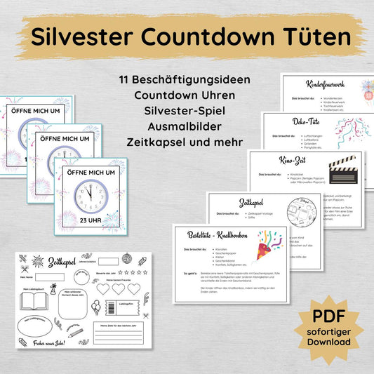 Silvester Countdown Tüten Set für Kinder mit 11 Beschäftigungsideen, Countdown-Uhren & mehr