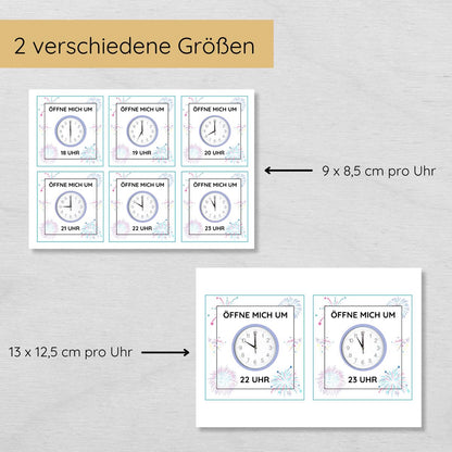 Silvester Countdown Uhren Ziffernblätter bis Mitternacht