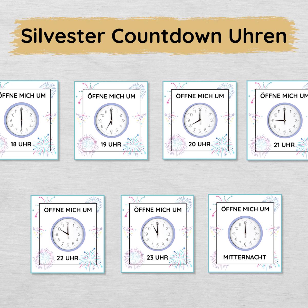 Silvester Countdown Uhren Ziffernblätter bis Mitternacht