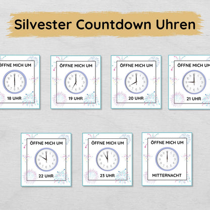 Silvester Countdown Uhren Ziffernblätter bis Mitternacht