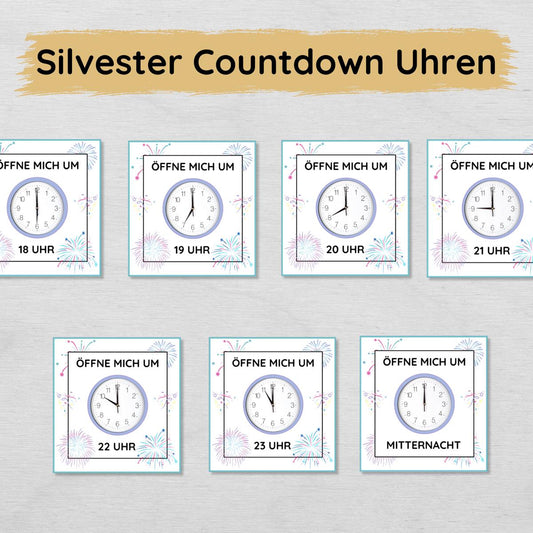 Silvester Countdown Uhren Ziffernblätter bis Mitternacht