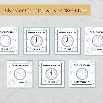 Silvester Countdown Uhren Ziffernblätter bis Mitternacht