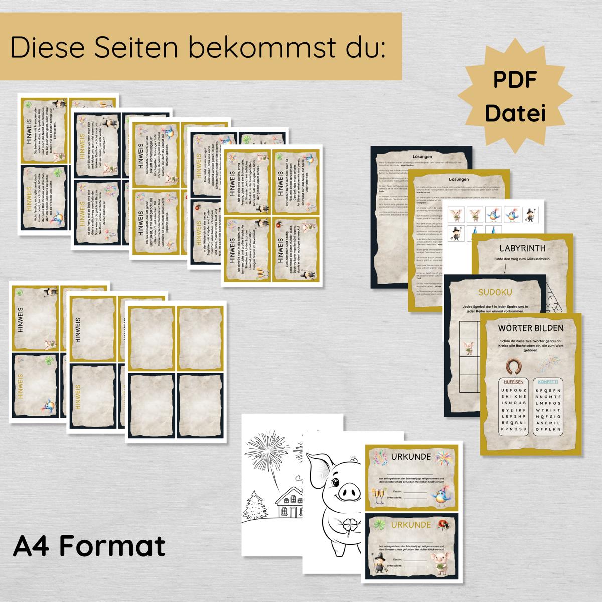 Silvester Indoor Schnitzeljagd mit 20 Hinweisen, Urkunde, 3 Spielen & 2 Ausmalbildern