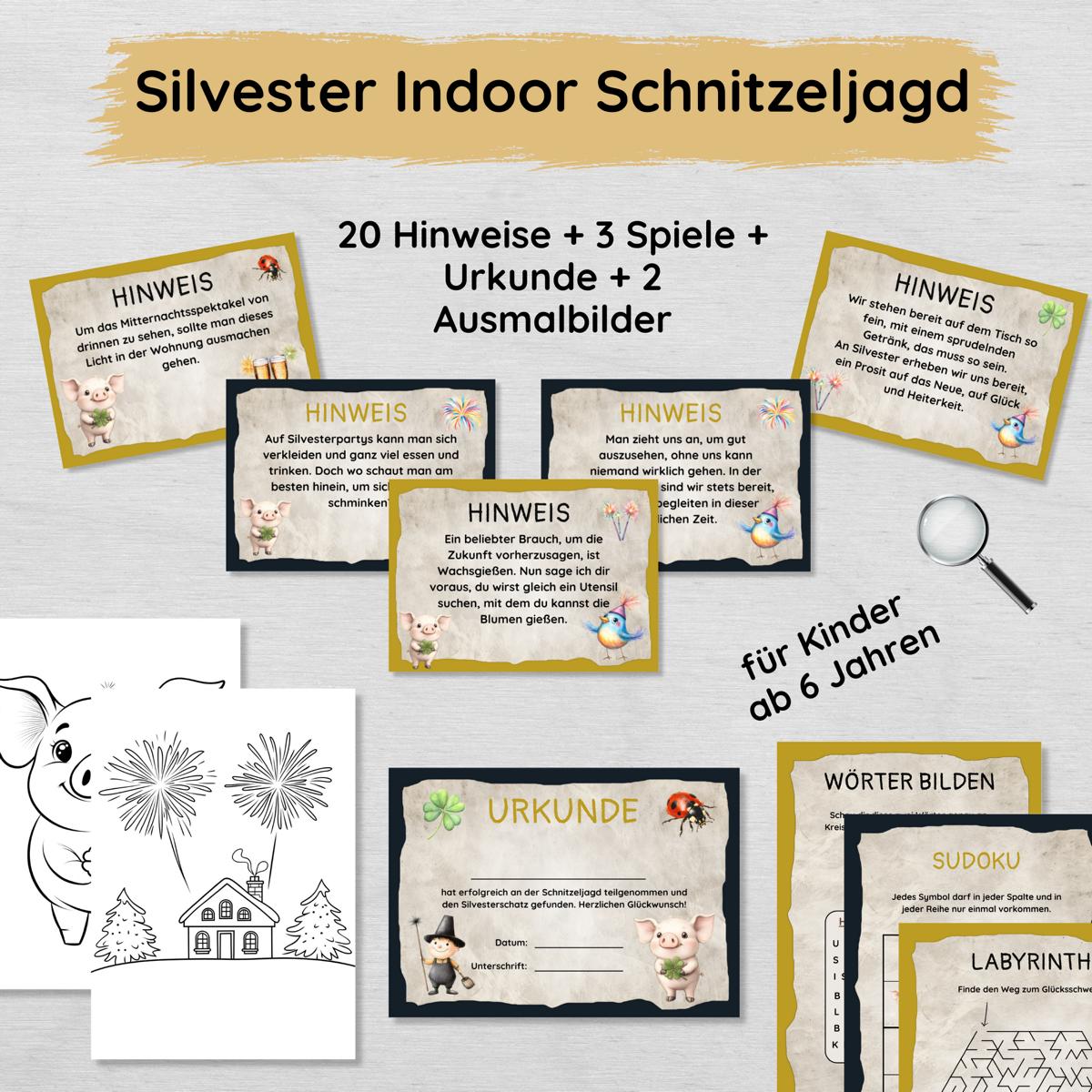 Silvester Indoor Schnitzeljagd mit 20 Hinweisen, Urkunde, 3 Spielen & 2 Ausmalbildern