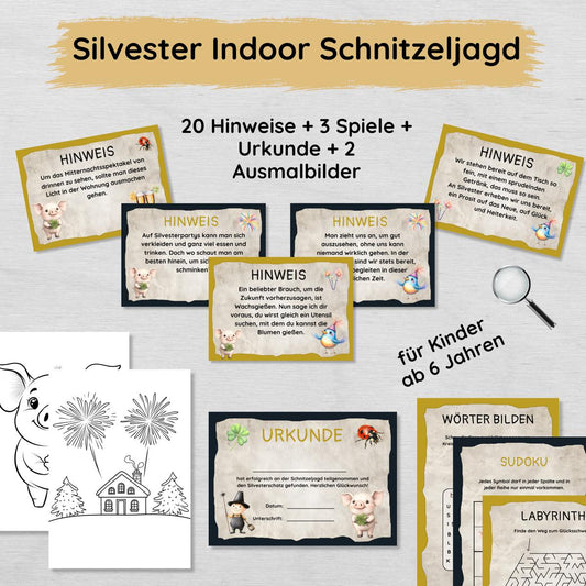 Silvester Indoor Schnitzeljagd mit 20 Hinweisen, Urkunde, 3 Spielen & 2 Ausmalbildern