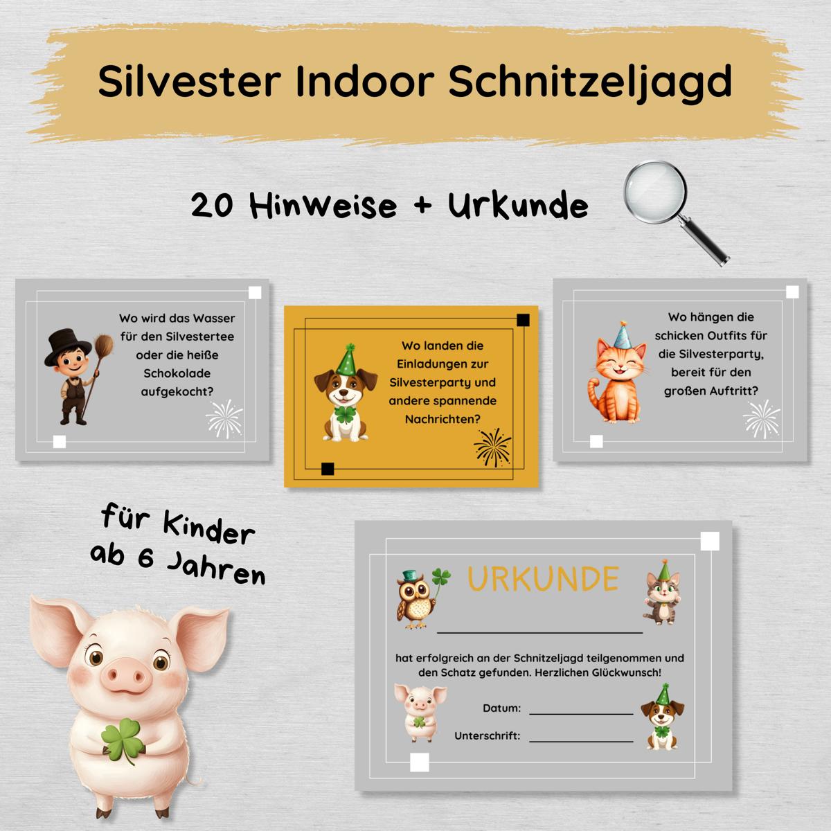 Silvester Indoor Schnitzeljagd - 20 einfache Hinweise & Urkunde