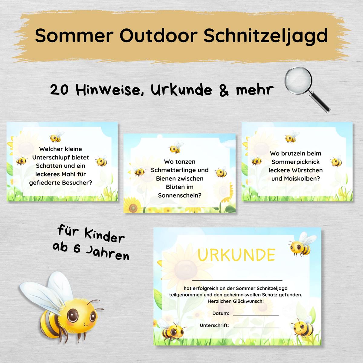 Sommer Outdoor Schnitzeljagd - 20 einfache Hinweise, Urkunde & mehr