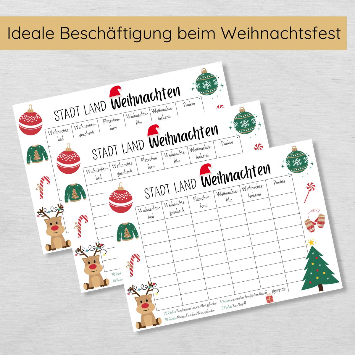 Stadt Land Weihnachten Familienspiel Druckvorlage