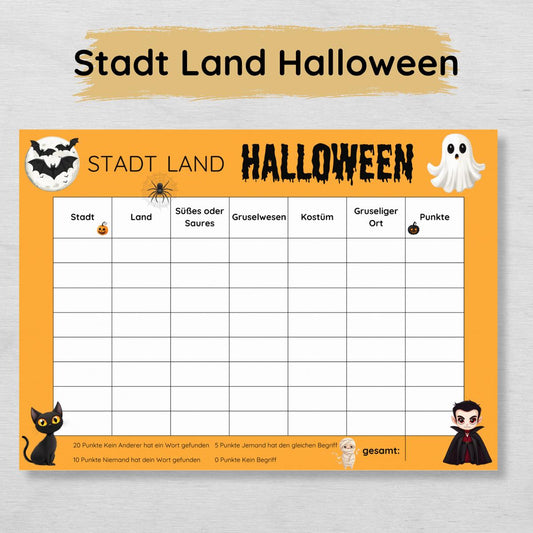 Stadt Land Halloween Spielvorlage zum Ausdrucken