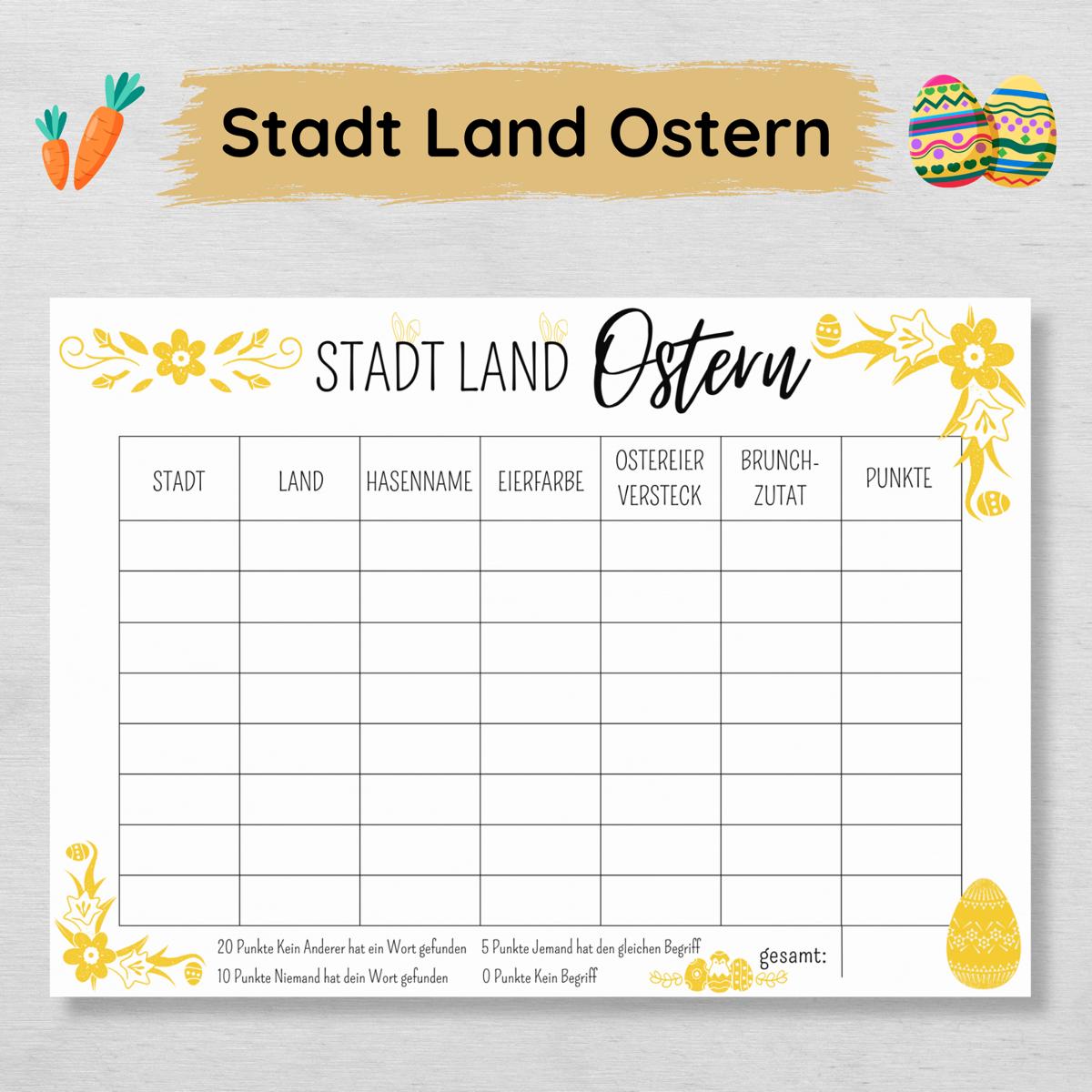 Stadt Land Ostern Familienspiel Druckvorlage