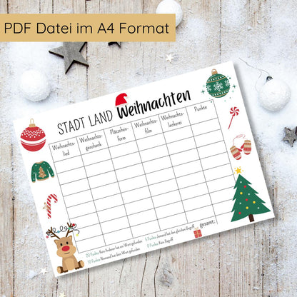 Stadt Land Weihnachten Familienspiel Druckvorlage