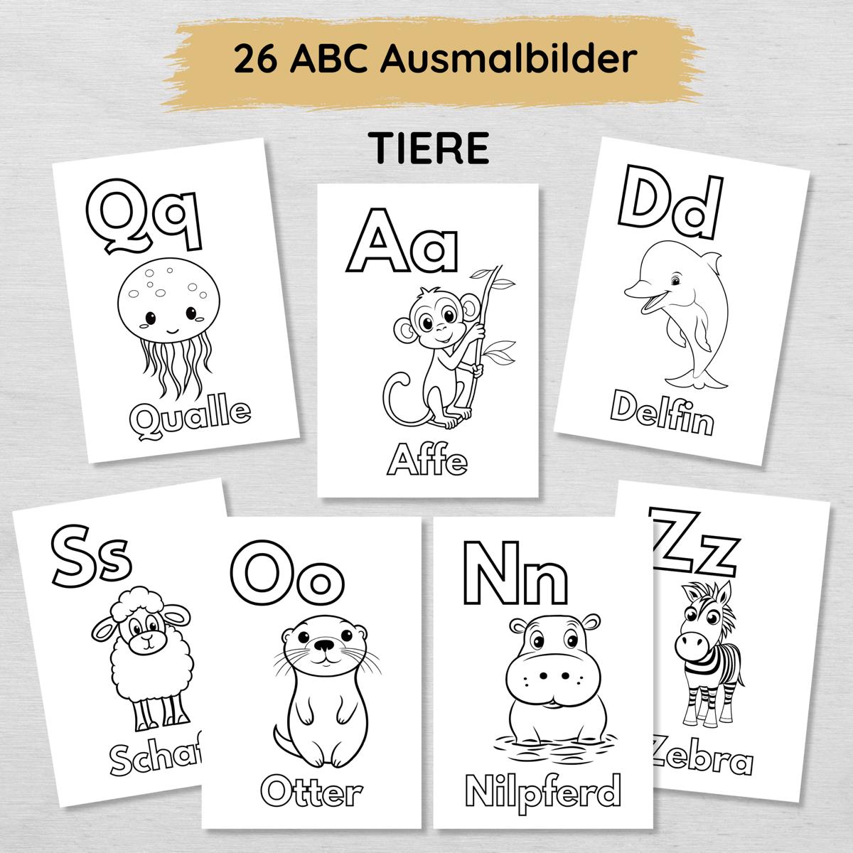 26 Tiere ABC Ausmalbilder für Kinder