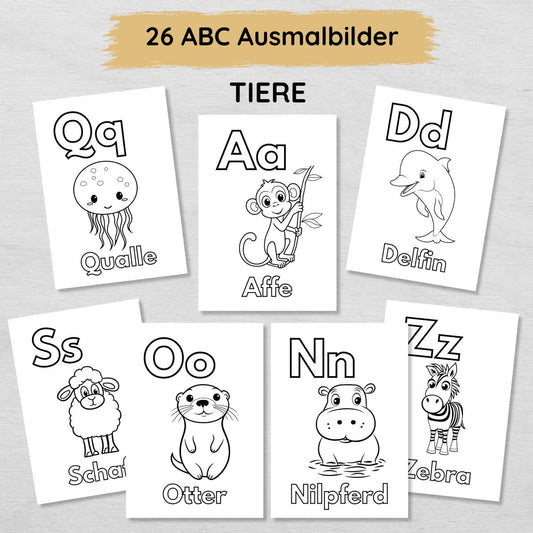 26 Tiere ABC Ausmalbilder für Kinder