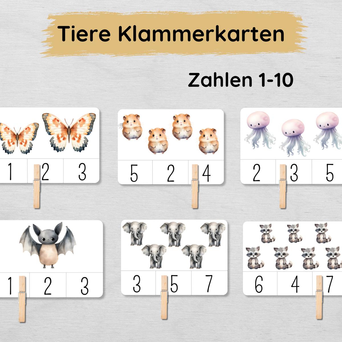 Tiere Klammerkarten Zahlen 1 bis 10 für Kinder