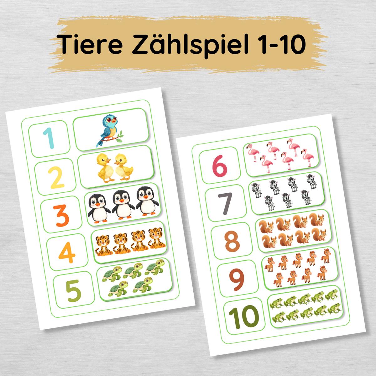 Tiere Zählübung für Kinder Zahlen 1 bis 10