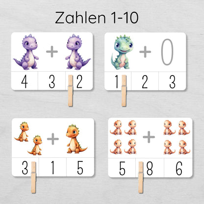 Dino Klammerkarten Addieren üben bis 10 für Kinder