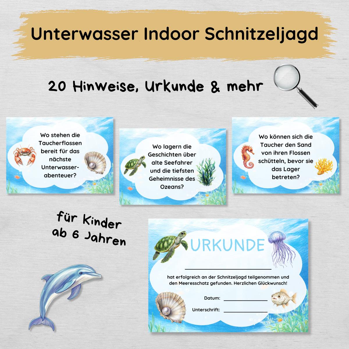 Unterwasser Indoor Schnitzeljagd - 20 einfache Hinweise, Urkunde & mehr
