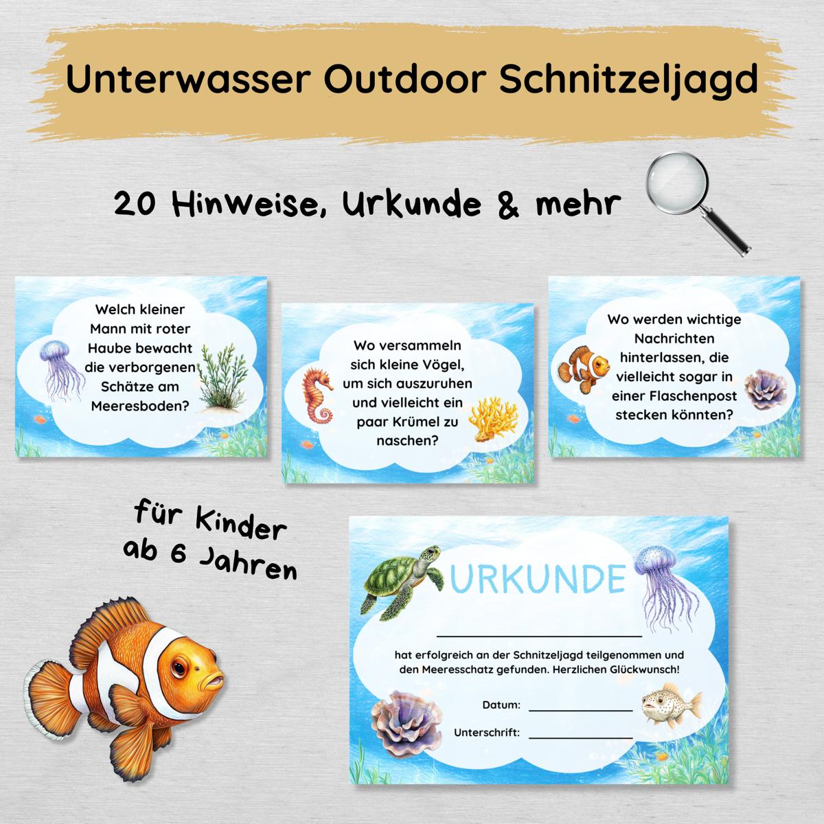 Unterwasser Outdoor Schnitzeljagd - 20 einfache Hinweise, Urkunde & mehr