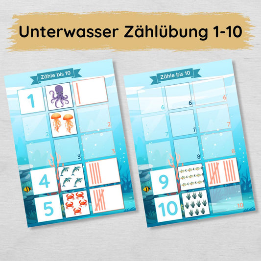 Unterwasser Zählübung Zahlen 1 bis 10 für Kinder, hochkant