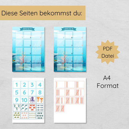 Unterwasser Zählübung Zahlen 1 bis 10 für Kinder, hochkant