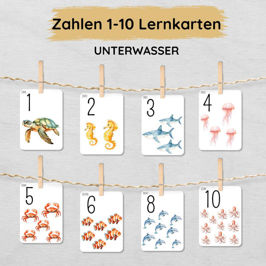 Unterwasser Zahlen 1 bis 10 Lernkarten für Kinder