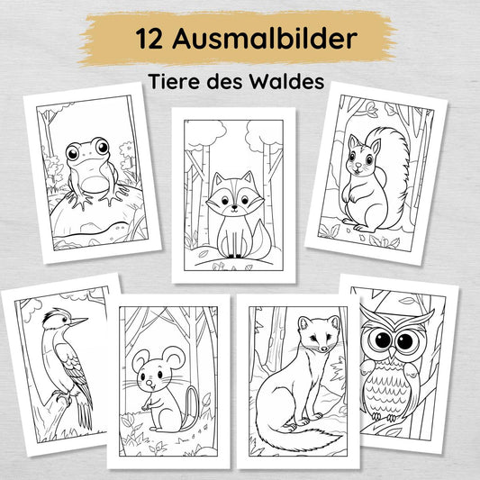 12 Waldtiere Ausmalbilder für Kinder