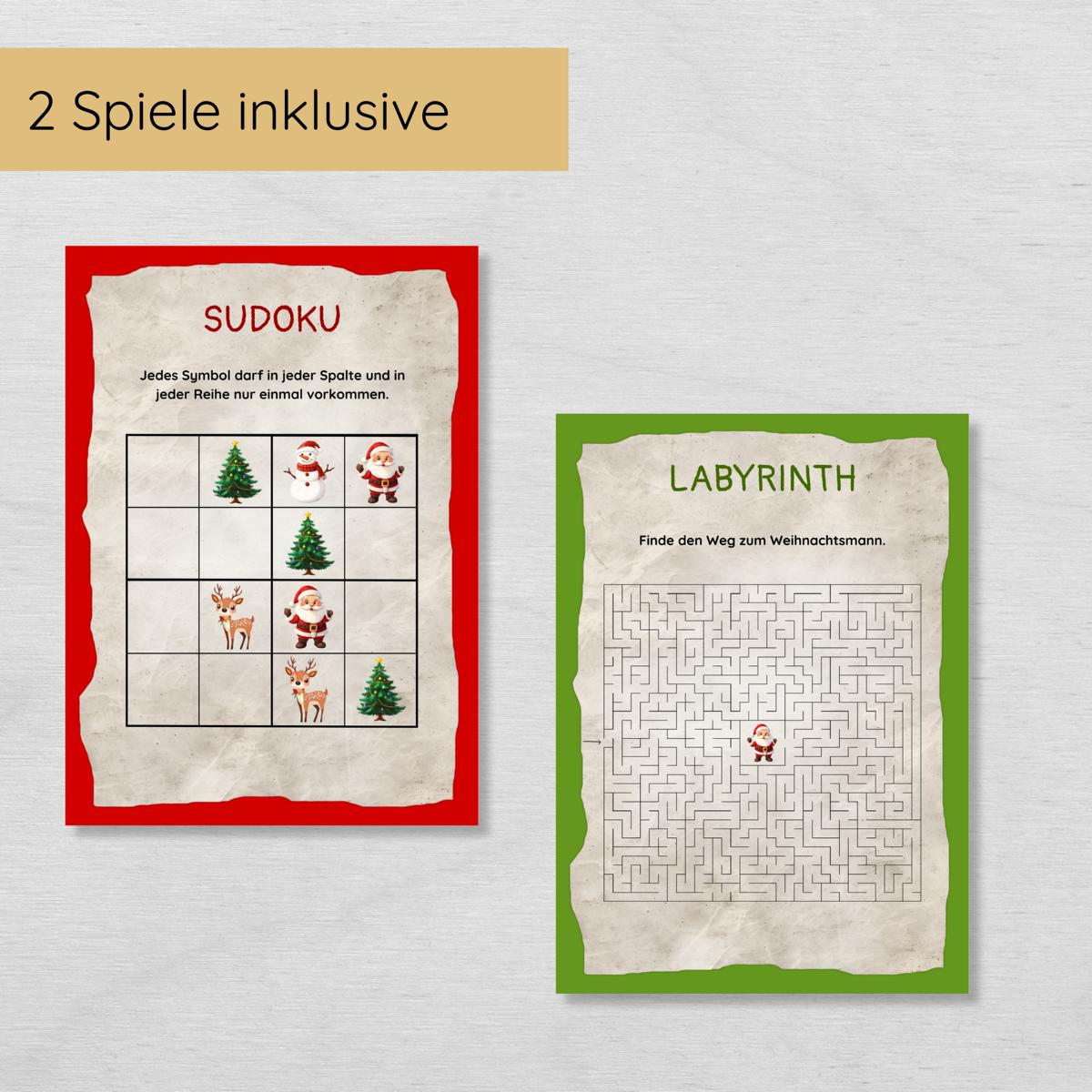 Weihnachten Indoor Schnitzeljagd mit 20 Hinweisen, Urkunde, 2 Spielen & 3 Ausmalbildern