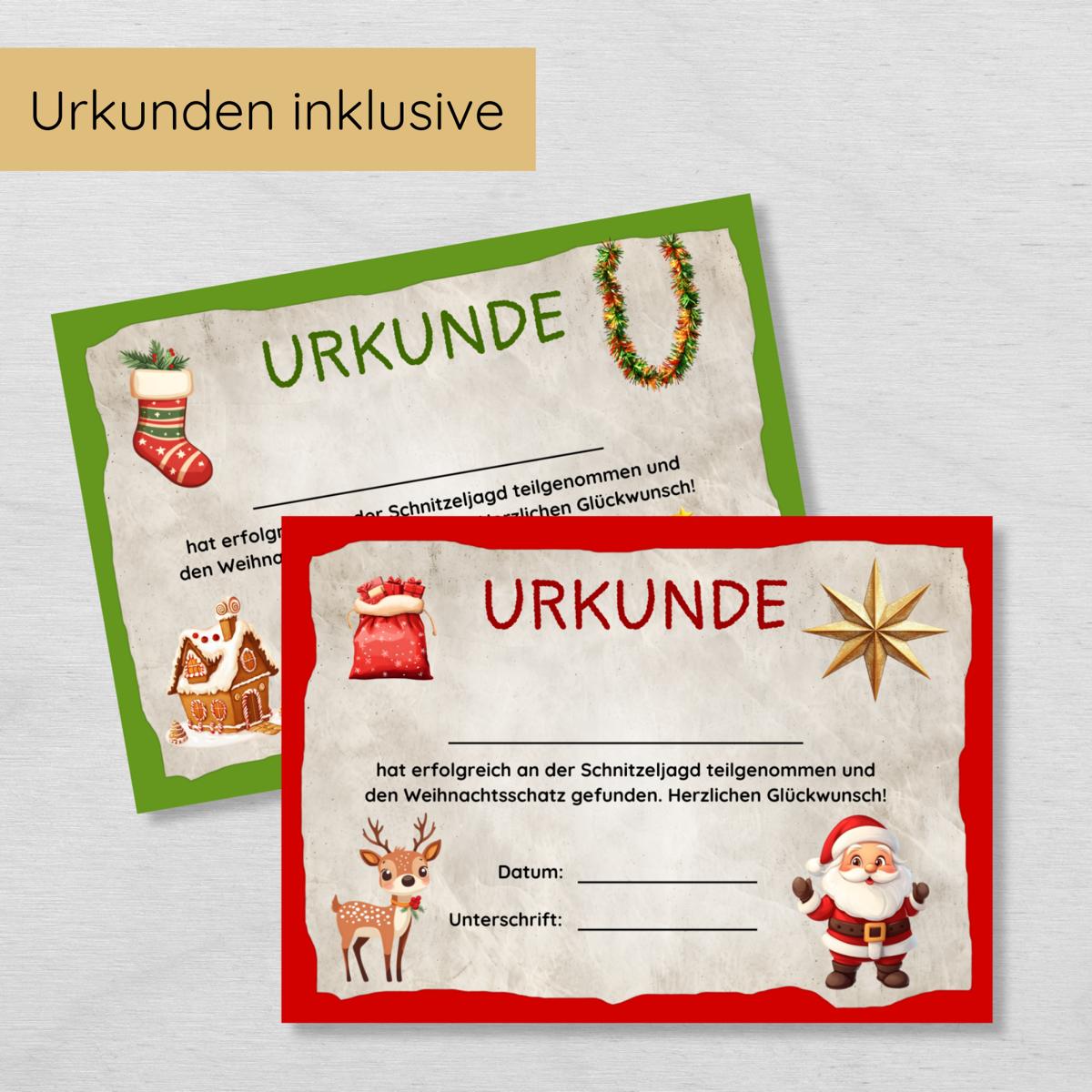 Weihnachten Indoor Schnitzeljagd mit 20 Hinweisen, Urkunde, 2 Spielen & 3 Ausmalbildern