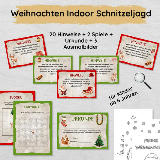 Weihnachten Indoor Schnitzeljagd mit 20 Hinweisen, Urkunde, 2 Spielen & 3 Ausmalbildern