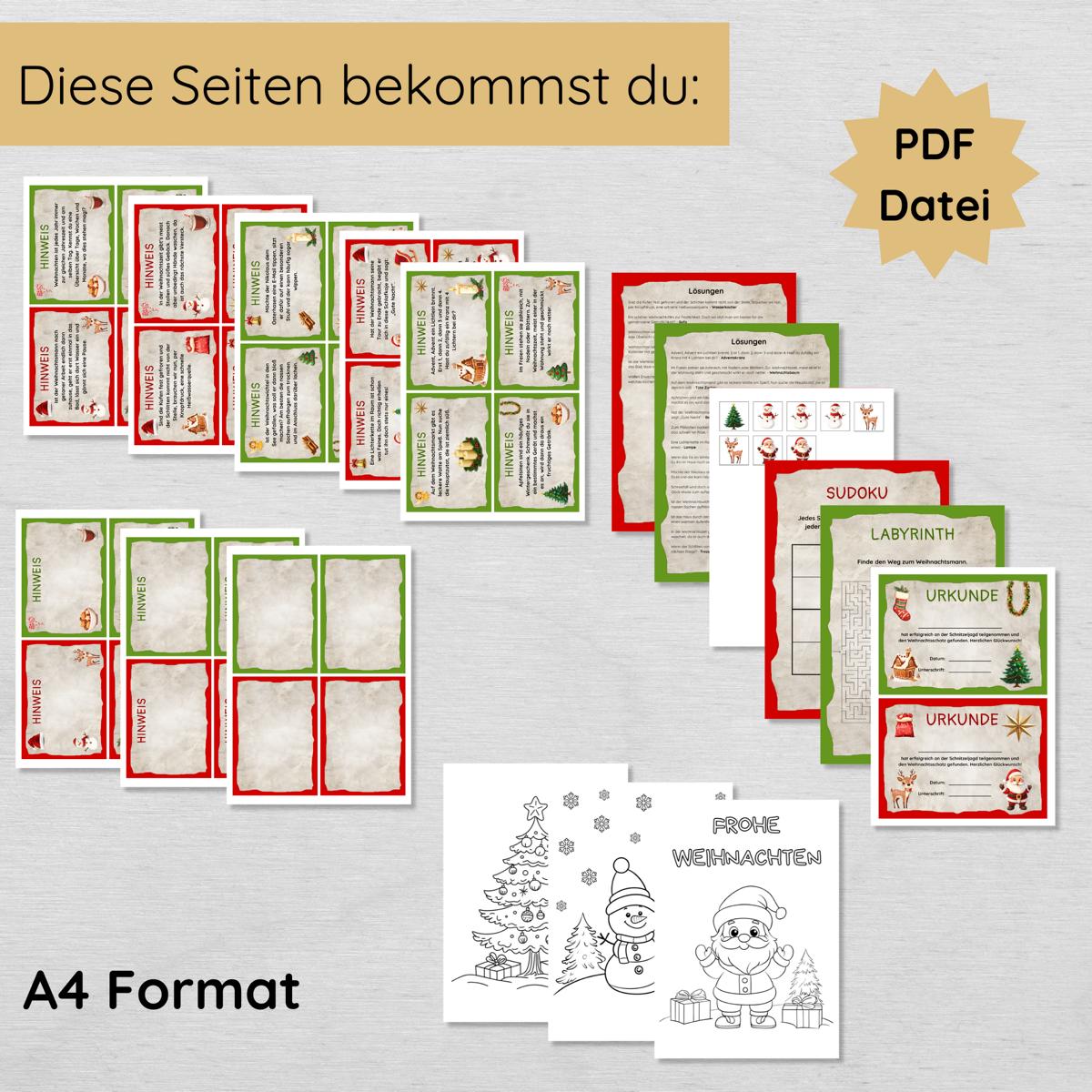 Weihnachten Indoor Schnitzeljagd mit 20 Hinweisen, Urkunde, 2 Spielen & 3 Ausmalbildern