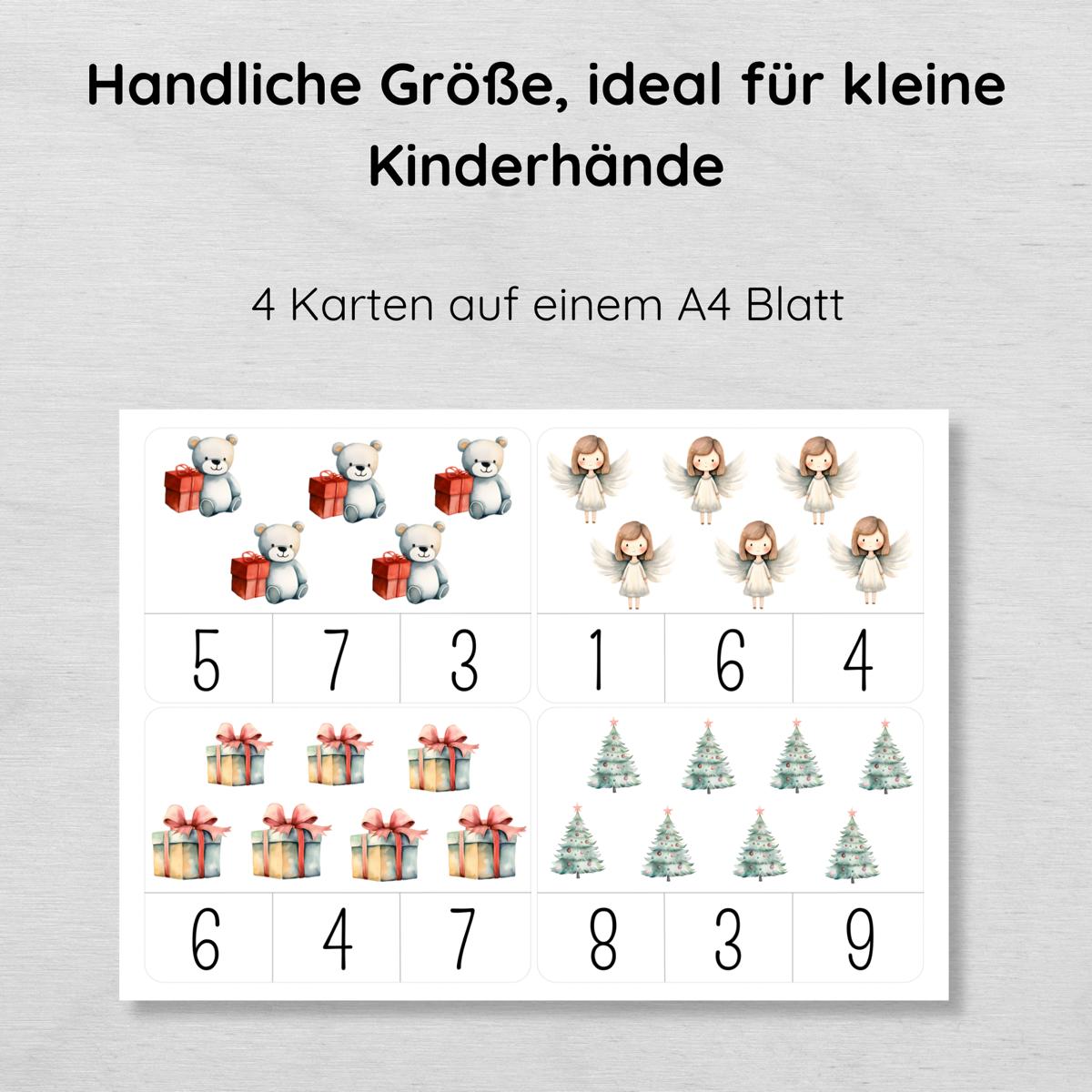 Weihnachten Klammerkarten Zahlen 1-10 für Kinder