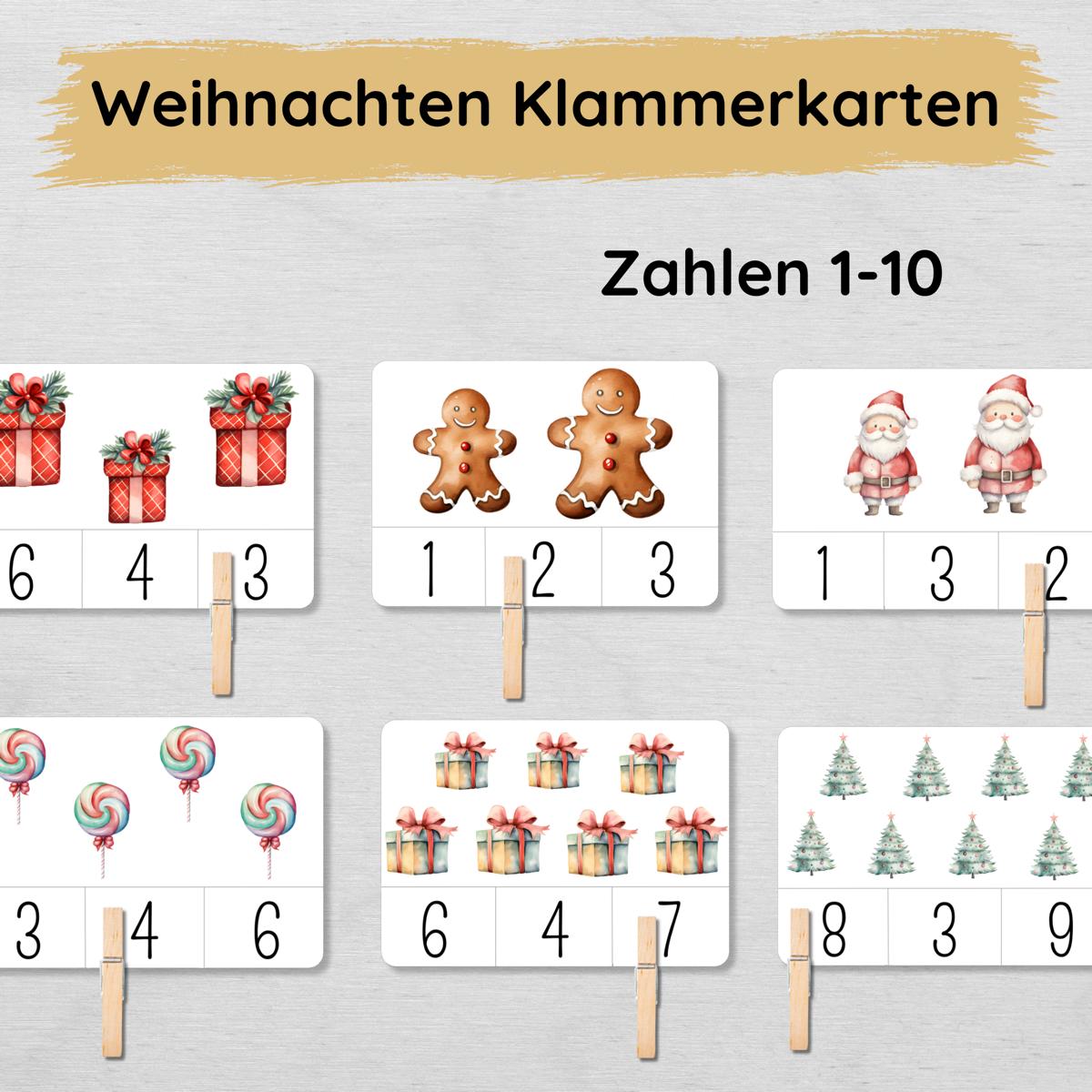 Weihnachten Klammerkarten Zahlen 1-10 für Kinder