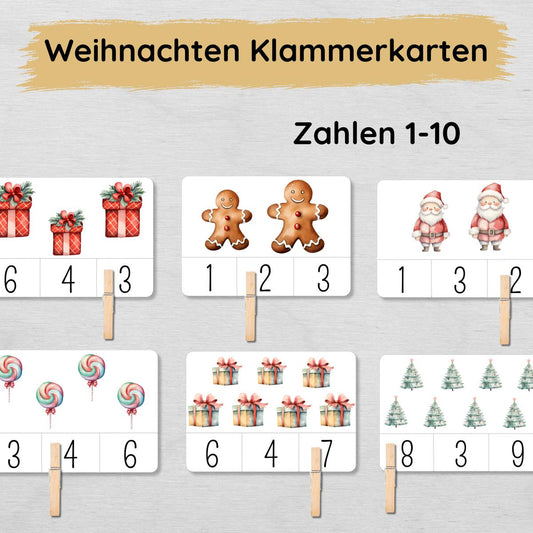 Weihnachten Klammerkarten Zahlen 1-10 für Kinder