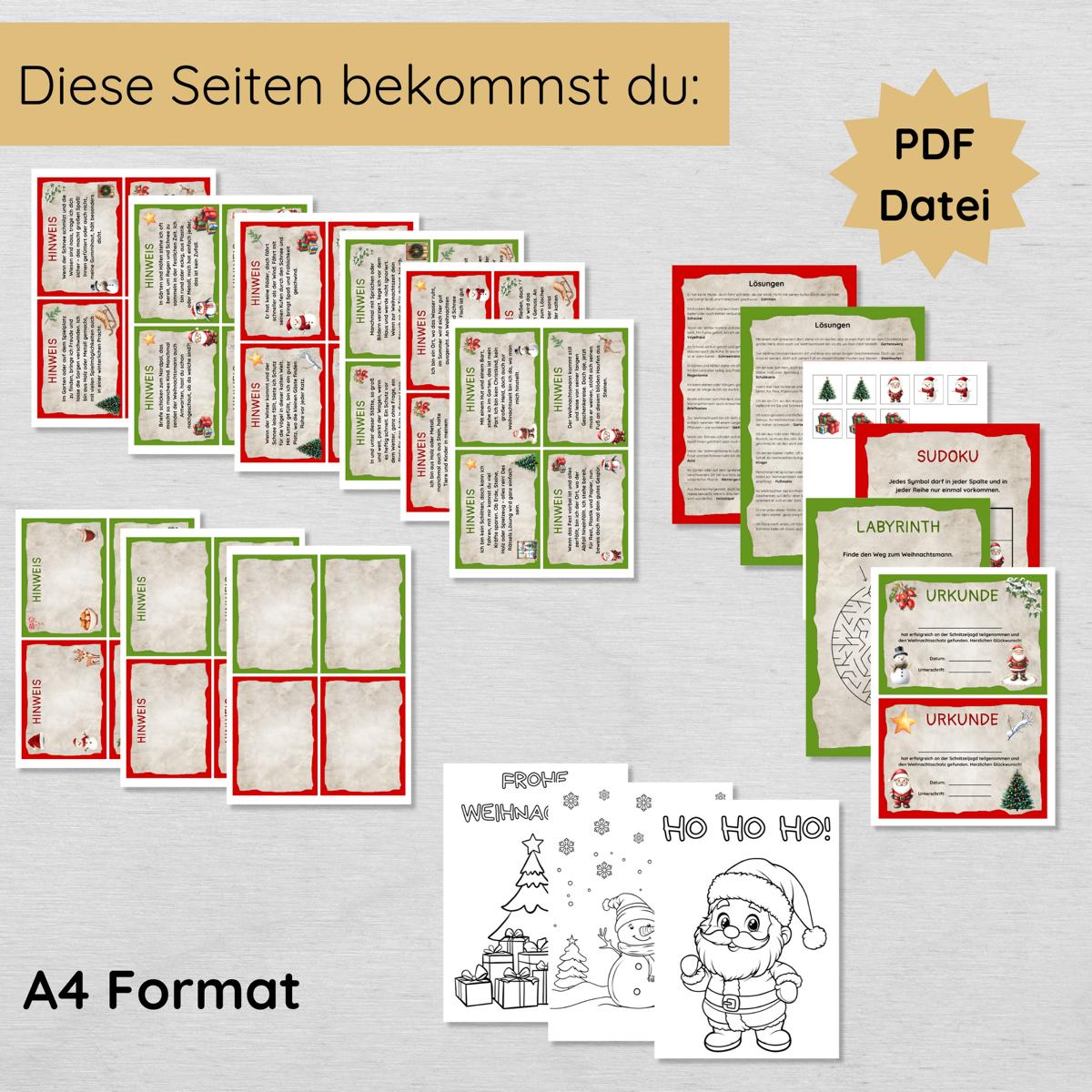 Weihnachten Outdoor Schnitzeljagd mit 24 Hinweisen, Urkunde, 2 Spielen & 3 Ausmalbildern